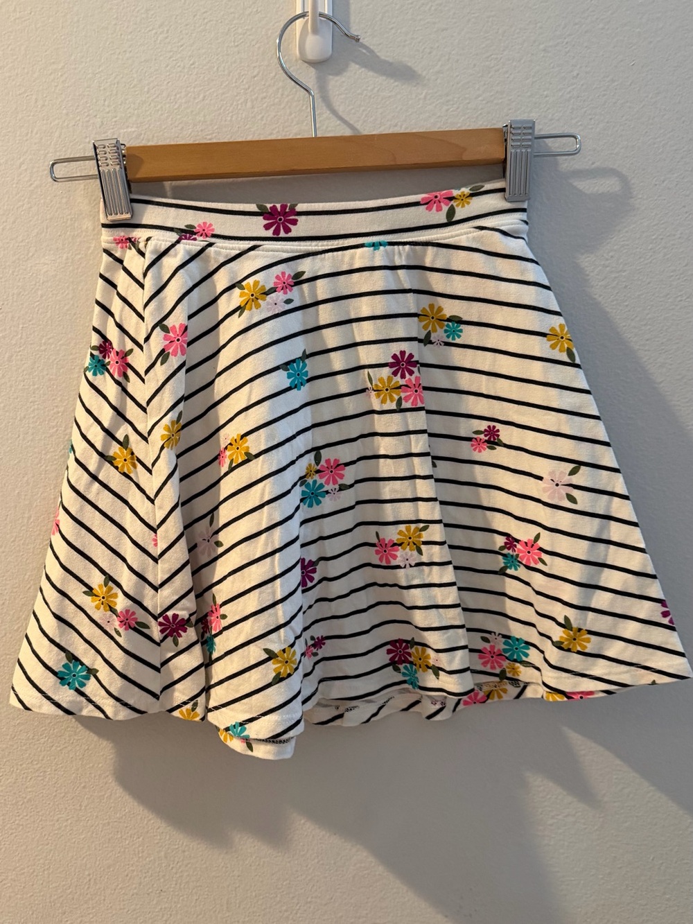 Floral Stripe A-Line Skirt - White with Multicolor Flowers